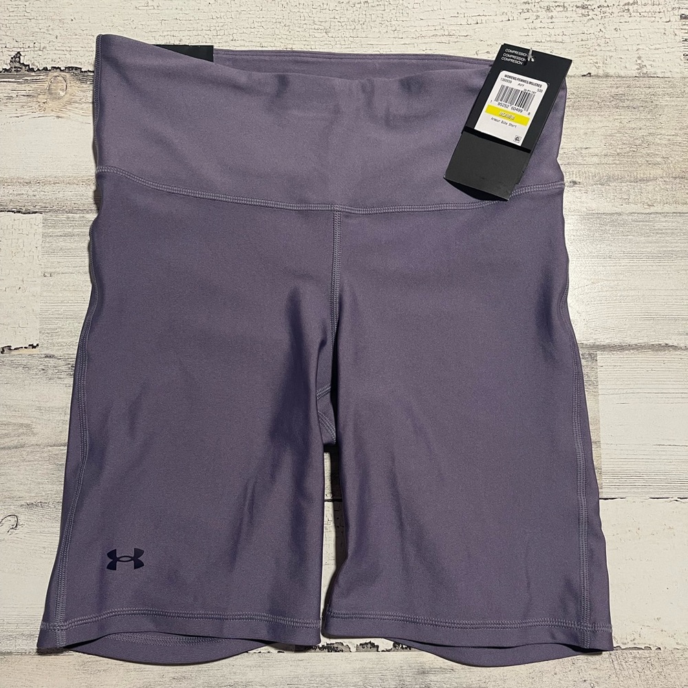 UNDER ARMOUR PURPLE HIGH RISE BIKE EXERCISE SHORT LONG LENGTH MEDIUM COMPRESSION